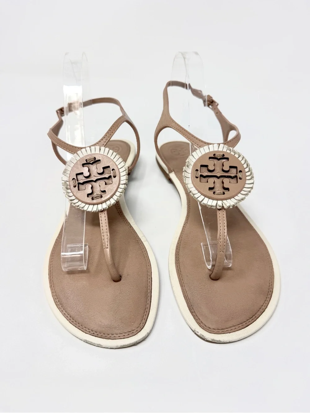 Tory Burch Miller Fringe Tan and Cream Flat Leather Sandals